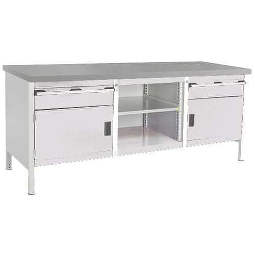 Dílenský stůl Bott Cubio Storage, 84 x 200 x 75 cm, 2 skříňky, 2 zásuvky, otevřený prostor s policí, linoleum, šedá-šedá