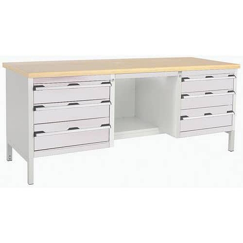 Dílenský stůl Bott Cubio Storage, 84 x 200 x 75 cm, 6 zásuvek, police, multiplex, šedá-šedá