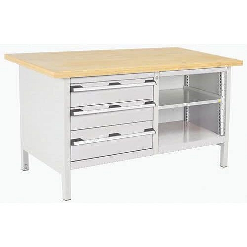 Dílenský stůl Bott Cubio Storage, 84 x 150 x 75 cm, 3 zásuvky, otevřený prostor s policí, multiplex, šedá-šedá