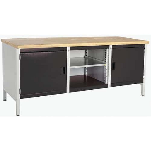 Dílenský stůl Bott Cubio Storage, 84 x 200 x 75 cm, 2 skříňky, otevřený prostor s policí, multiplex, šedá-antracit