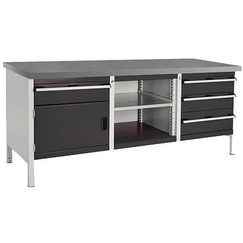 Dílenský stůl Bott Cubio Storage, 84 x 200 x 75 cm, 1 skříňky, 4 zásuvky, otevřený prostor s policí, linoleum, šedá-antracit