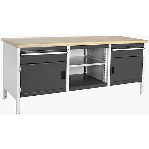 Dílenský stůl Bott Cubio Storage, 84 x 200 x 75 cm, 2 skříňky, 2 zásuvky, otevřený prostor s policí, multiplex, šedá-antracit