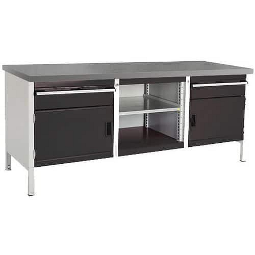 Dílenský stůl Bott Cubio Storage, 84 x 200 x 75 cm, 2 skříňky, 2 zásuvky, otevřený prostor s policí, linoleum, šedá-antracit