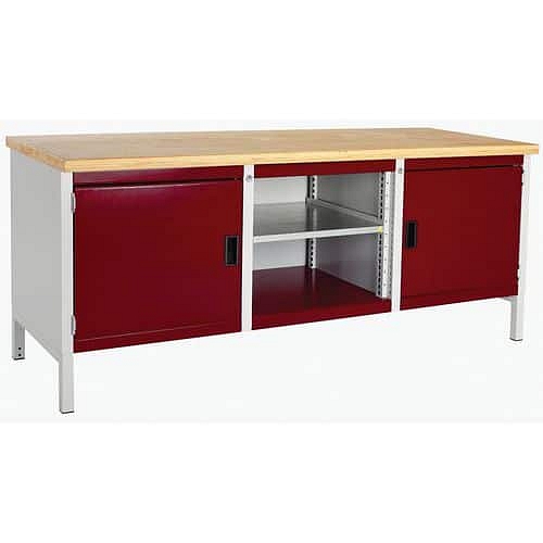 Dílenský stůl Bott Cubio Storage, 84 x 200 x 75 cm, 2 skříňky, otevřený prostor s policí, multiplex, šedá-červená