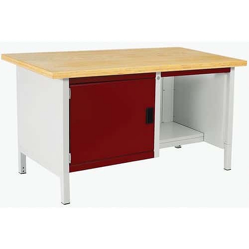 Dílenský stůl Bott Cubio Storage, 84 x 150 x 75 cm, 1 skříňka, police, multiplex, šedá-červená