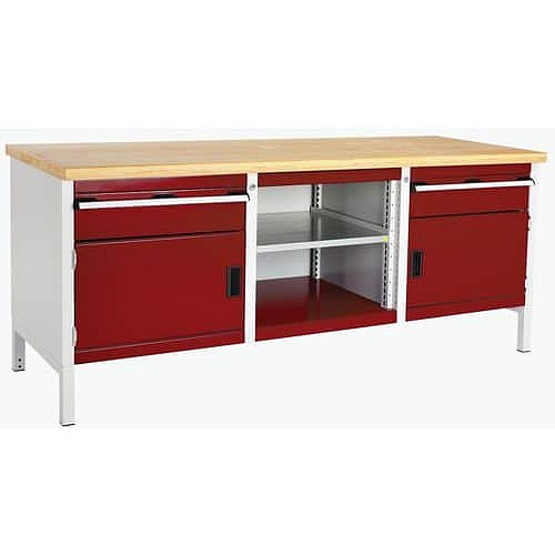 Dílenský stůl Bott Cubio Storage, 84 x 200 x 75 cm, 2 skříňky, 2 zásuvky, otevřený prostor s policí, multiplex, šedá-červená