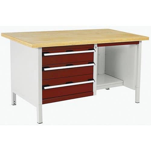 Dílenský stůl Bott Cubio Storage, 84 x 150 x 75 cm, 3 zásuvky, police, multiplex, šedá-červená