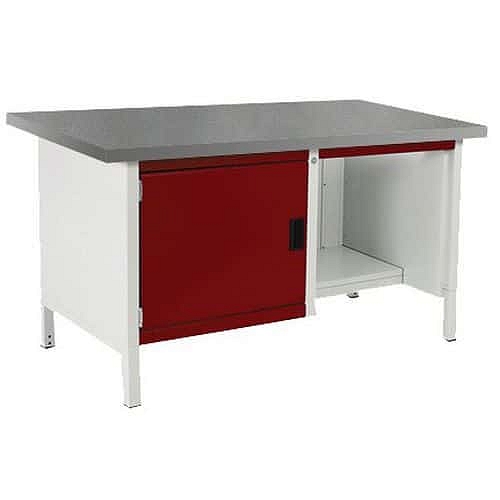 Dílenský stůl Bott Cubio Storage, 84 x 150 x 75 cm, 1 skříňka, police, linoleum, šedá-červená
