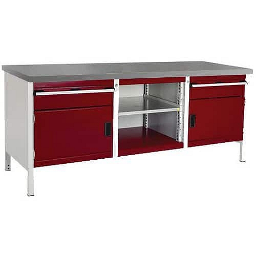 Dílenský stůl Bott Cubio Storage, 84 x 200 x 75 cm, 2 skříňky, 2 zásuvky, otevřený prostor s policí, linoleum, šedá-červená