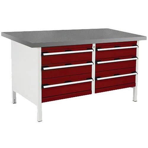 Dílenský stůl Bott Cubio Storage, 84 x 150 x 75 cm, 6 zásuvek, linoleum, šedá-červená
