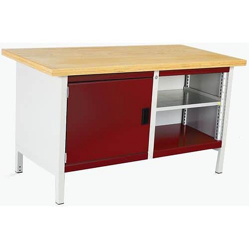 Dílenský stůl Bott Cubio Storage, 84 x 150 x 75 cm, 1 skříňka, otevřená část s policí, multiplex, šedá-červená