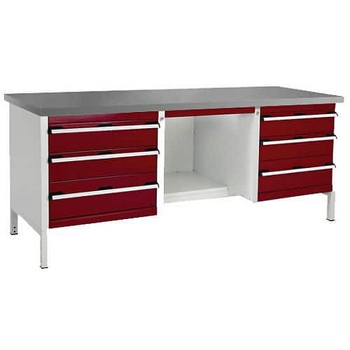 Dílenský stůl Bott Cubio Storage, 84 x 200 x 75 cm, 6 zásuvek, police, linoleum, šedá-červená