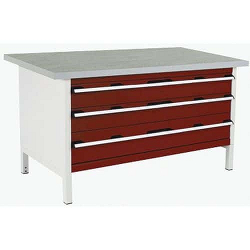 Dílenský stůl Bott Cubio Storage, 84 x 150 x 75 cm, 3 zásuvky, linoleum, šedá-červená