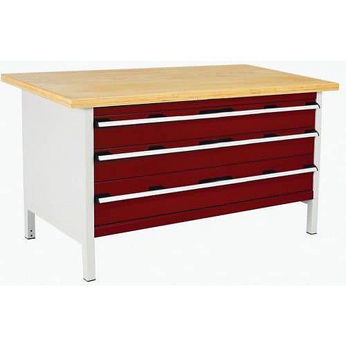 Dílenský stůl Bott Cubio Storage, 84 x 150 x 75 cm, 3 zásuvky, multiplex, šedá-červená