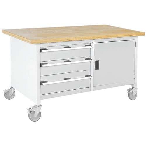 Mobilní dílenský stůl Bott Cubio Storage, 84 x 150 x 75 cm, 3 zásuvky, skříňka, multiplex, šedá-šedá