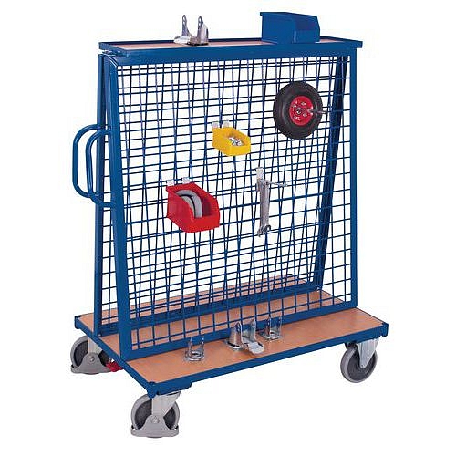 Vozík s nástavbou pro zavěšení materiálu, s vrchní policí, do 500 kg, modrý