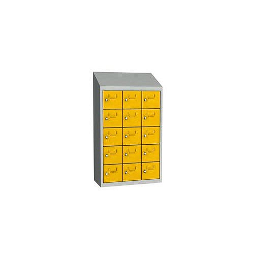 Svařovaná skříň na osobní věci Olaf, 15 boxů, otočný uzávěr, šedá/žlutá