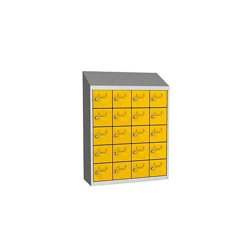 Svařovaná skříň na osobní věci Olaf, 20 boxů, otočný uzávěr, šedá/žlutá