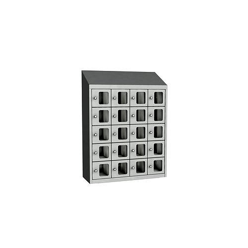 Svařovaná skříň na osobní věci Olaf s průhlednými dvířky, 20 boxů, otočný uzávěr, šedá/šedá