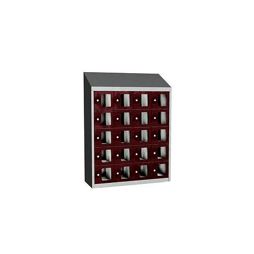 Svařovaná skříň na osobní věci Olaf s průhlednými dvířky, 20 boxů, otočný uzávěr, šedá/tmavě červená