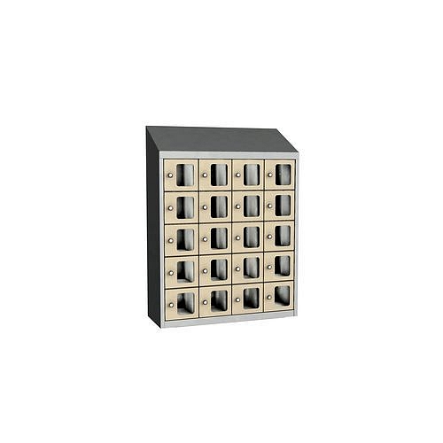 Svařovaná skříň na osobní věci Olaf s průhlednými dvířky, 20 boxů, otočný uzávěr, šedá/slonovina