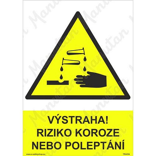 Výstraha riziko koroze nebo poleptání, samolepka 210 x 297 x 0,1 mm A4