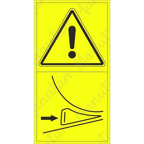 Výstraha zajisti mobilní stroj klínem proti samovolnému pojezdu, samolepka 95 x 175 x 0,1 mm