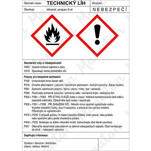 Technický líh štítek, samolepka 105 x 148 x 0,1 mm A6