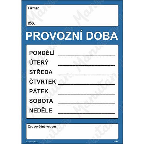 Provozní doba , samolepka 210 x 297 x 0,1 mm A4