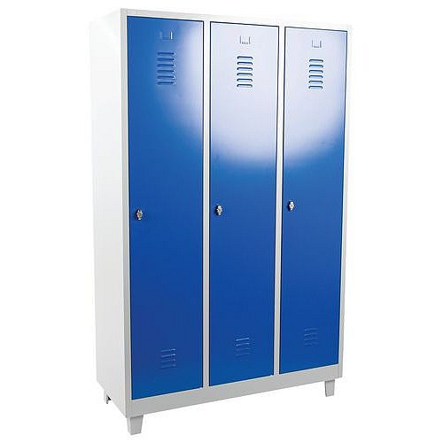 Svařovaná šatní skříň s mezistěnou Manutan Expert DURO PROFI na nohách, 3 oddíly, šedá/modrá, otočný uzávěr