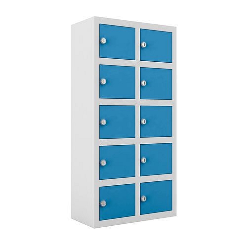 Svařovaná skříň na osobní věci Ben, 10 boxů, cylindrický zámek, šedá/světlě modrá