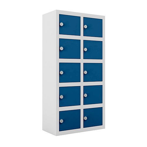 Svařovaná skříň na osobní věci Ben, 10 boxů, cylindrický zámek, šedá/tmavě modrá