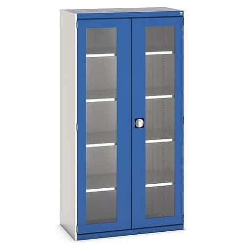 Dílenská skříň s průhlednými dveřmi Bott Cubio, 200 x 105 x 52,5 cm, 4 police, šedá-modrá