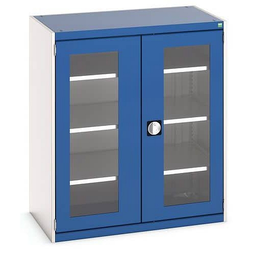 Dílenská skříň s průhlednými dveřmi Bott Cubio, 120 x 105 x 65 cm, 3 police, šedá-modrá