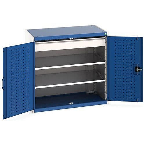 Dílenská skříň se zásuvkami Bott Cubio, 100 x 105 x 65 cm, 2 police, 1 zásuvka, šedá-modrá
