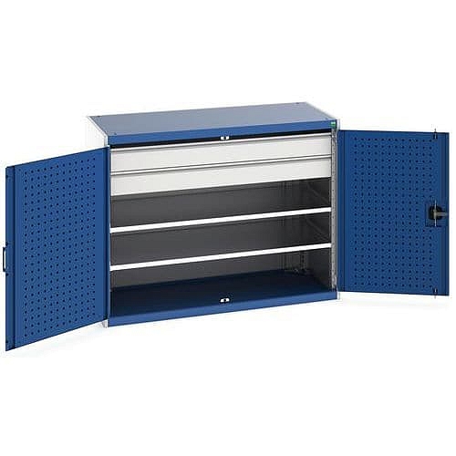 Dílenská skříň se zásuvkami Bott Cubio 160, 100 x 130 x 65 cm, 2 police, 2 zásuvky, šedá-modrá