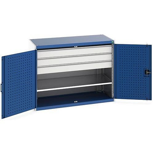 Dílenská skříň se zásuvkami Bott Cubio 160, 100 x 130 x 65 cm, 1 police, 3 zásuvky, šedá-modrá