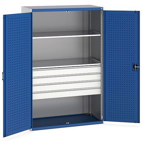 Dílenská skříň se zásuvkami Bott Cubio 160, 200 x 130 x 65 cm, 2 police, 4 zásuvky, šedá-modrá