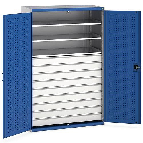 Dílenská skříň se zásuvkami Bott Cubio 160, 200 x 130 x 65 cm, 3 police, 9 zásuvek, šedá-modrá