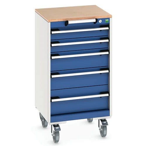 Mobilní zásuvková skříň Bott Cubio, 99 x 52,5 x 52,5 cm, 5 zásuvek, multiplex, šedá-modrá