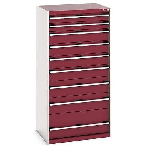 Dílenská zásuvková skříň Bott Cubio, 160 x 80 x 65 cm, 9 zásuvek, šedá-červená