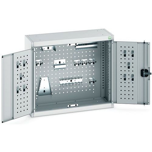 Závěsná skříňka Bott Cubio s držáky na nářadí a perfopanely, 70 x 80 x 32,5 cm, 20 držáků, šedá-šedá