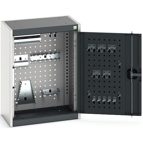 Závěsná skříňka Bott Cubio s držáky na nářadí a perfopanely, 70 x 52,5 x 32,5 cm, 20 držáků, šedá-antracit