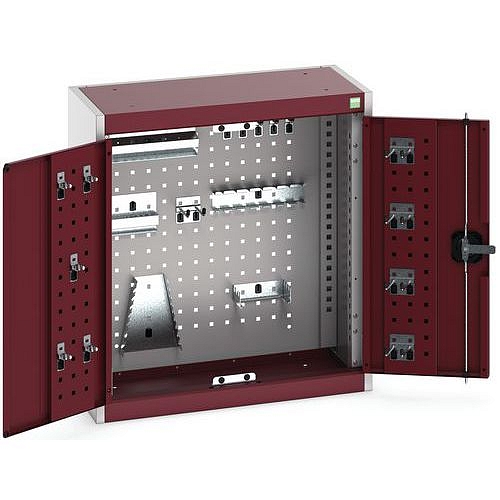 Závěsná skříňka Bott Cubio s držáky na nářadí a perfopanely, 70 x 65 x 32,5 cm, 20 držáků, šedá-červená