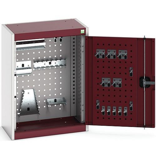 Závěsná skříňka Bott Cubio s držáky na nářadí a perfopanely, 70 x 52,5 x 32,5 cm, 20 držáků, šedá-červená