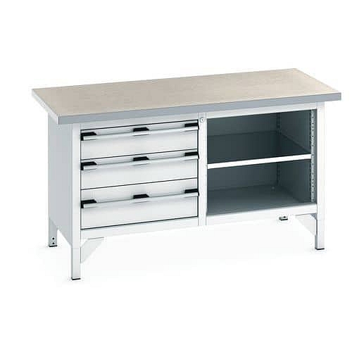 Dílenský stůl Bott Cubio Storage, 84 x 150 x 75 cm, 3 zásuvky, otevřený prostor s policí, linoleum, šedá-šedá