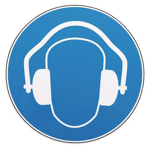 Používej chrániče sluchu - samolepka - Manutan Expert, průměr 100 mm