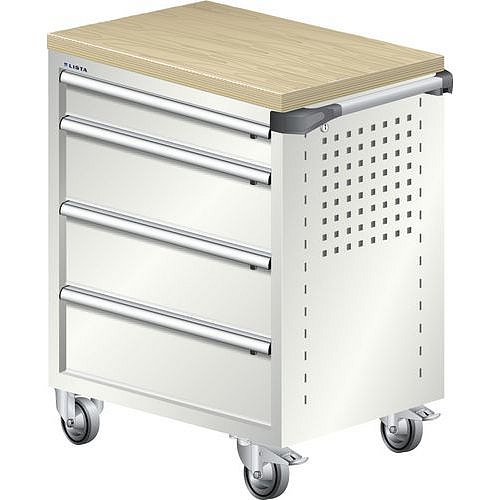 Dílenský zásuvkový vozík LISTA, pracovní deska z multiplexní dýhy, 4 zásuvky, světle šedá