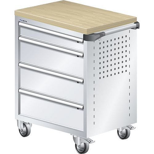 Dílenský zásuvkový vozík LISTA, pracovní deska z multiplexní dýhy, 4 zásuvky, šedá