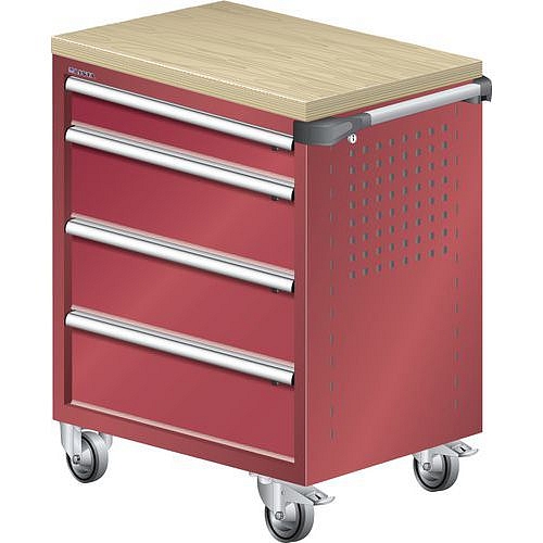 Dílenský zásuvkový vozík LISTA, pracovní deska z multiplexní dýhy, nosnost zásuvky 40kg, červená